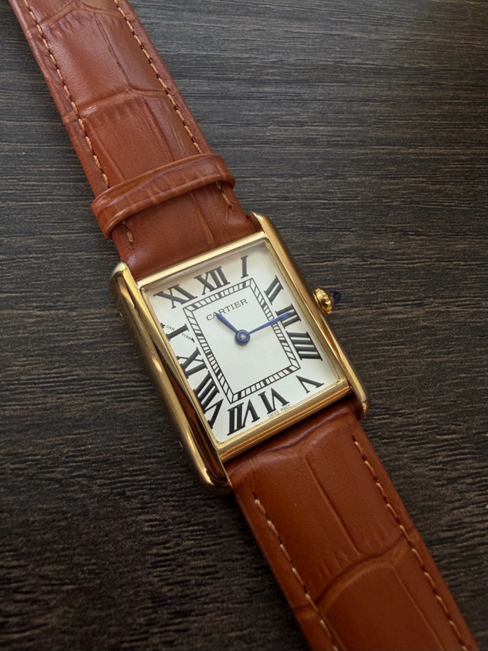 Cartier Men's Rectangular Gold Case Watch with Brown Leather Strap
